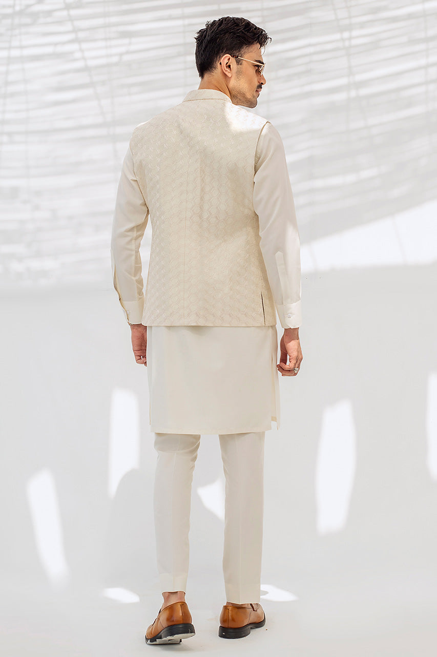 Pearl White Boski Kurta with Embroidered Waistcoat (3-Piece) - Image 2