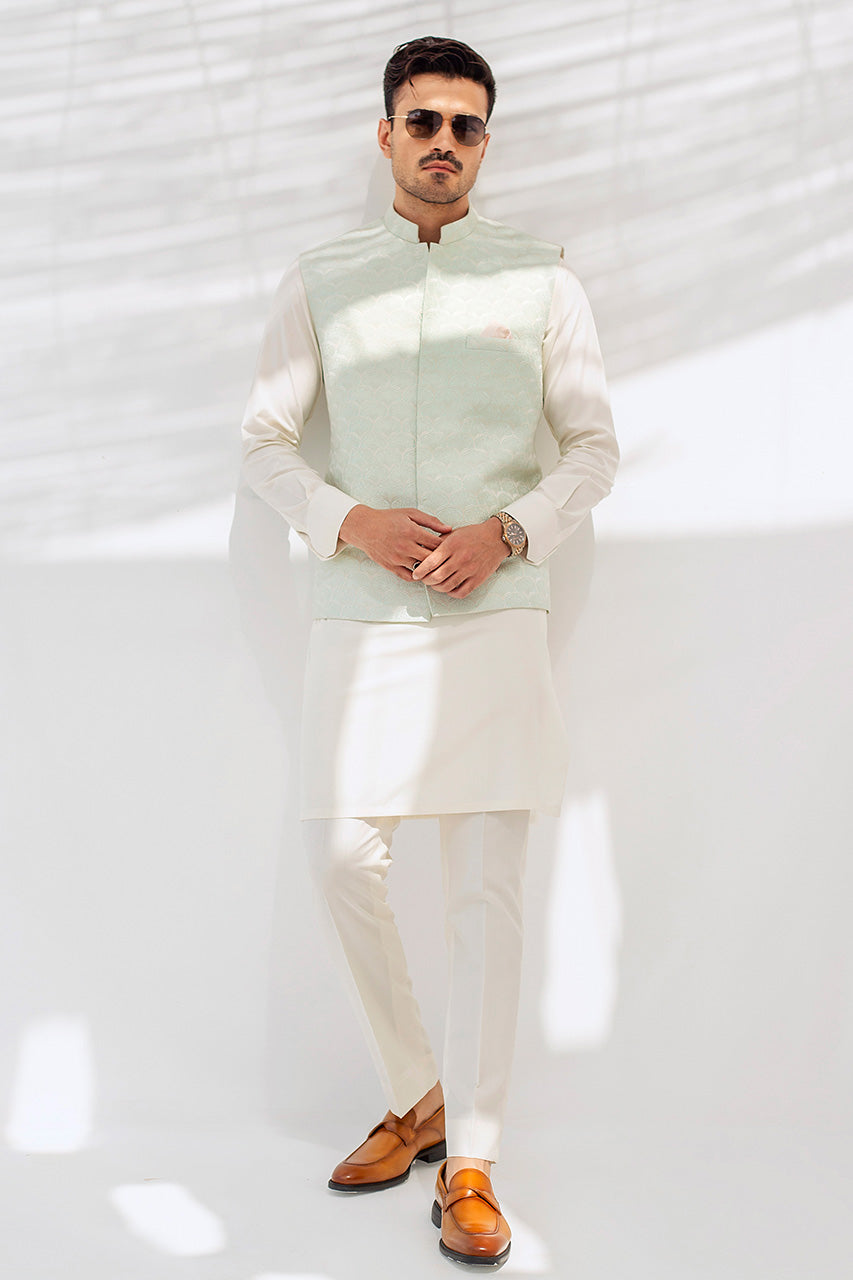 Pearl White Boski Kurta with Mint Waistcoat (3-Piece) - Image 1