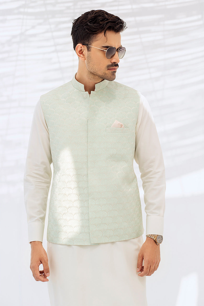 Pearl White Boski Kurta with Mint Waistcoat (3-Piece) - Image 2