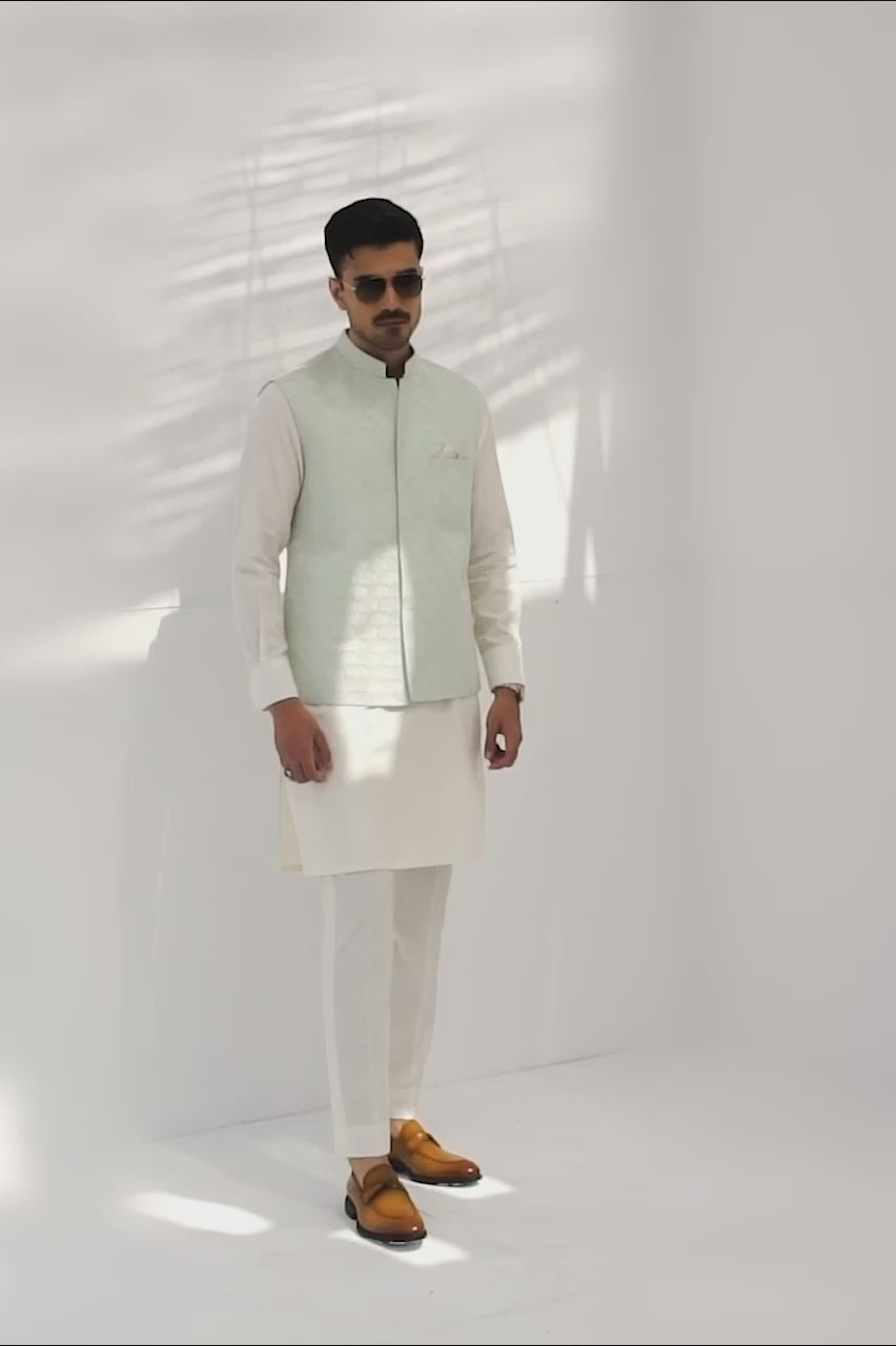 Pearl White Boski Kurta with Mint Waistcoat (3-Piece) - Image 3