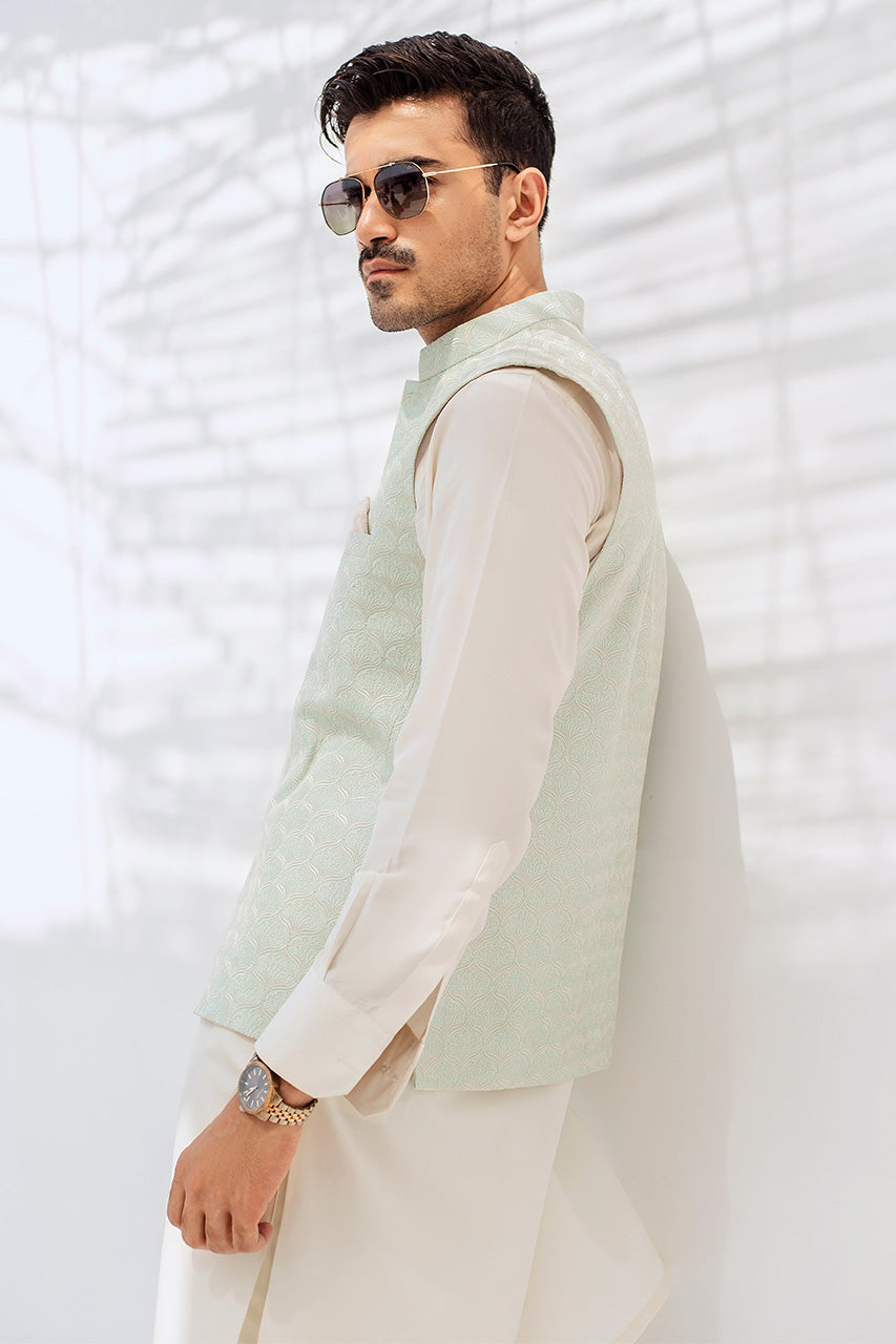 Pearl White Boski Kurta with Mint Waistcoat (3-Piece) - Image 4