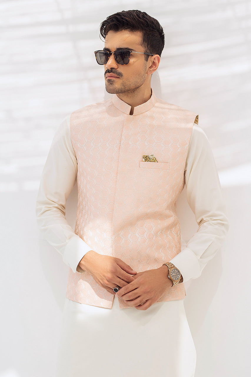 Pearl White Boski Kurta with Embroidered Waistcoat (3-Piece) - Image 2