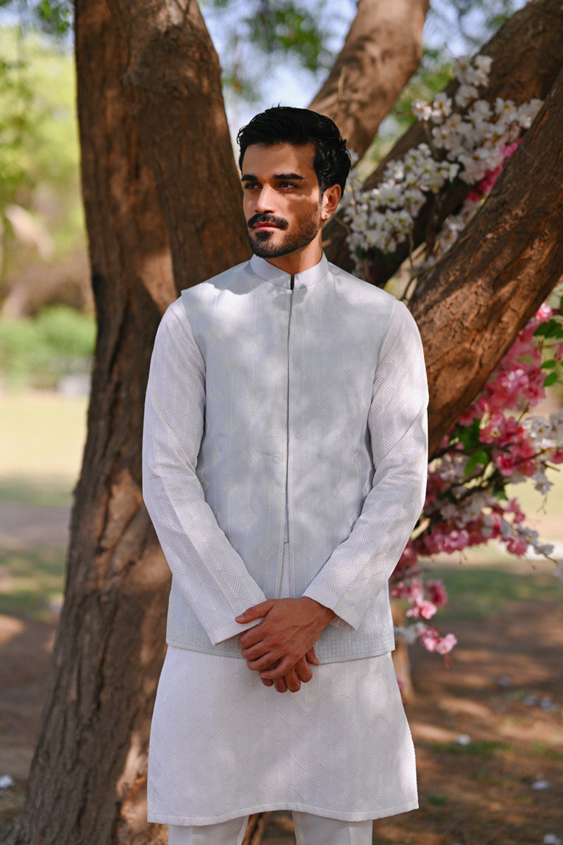 Dove White Raw Silk Kurta Set with Embroidered Waistcoat (3-Piece) - Image 2