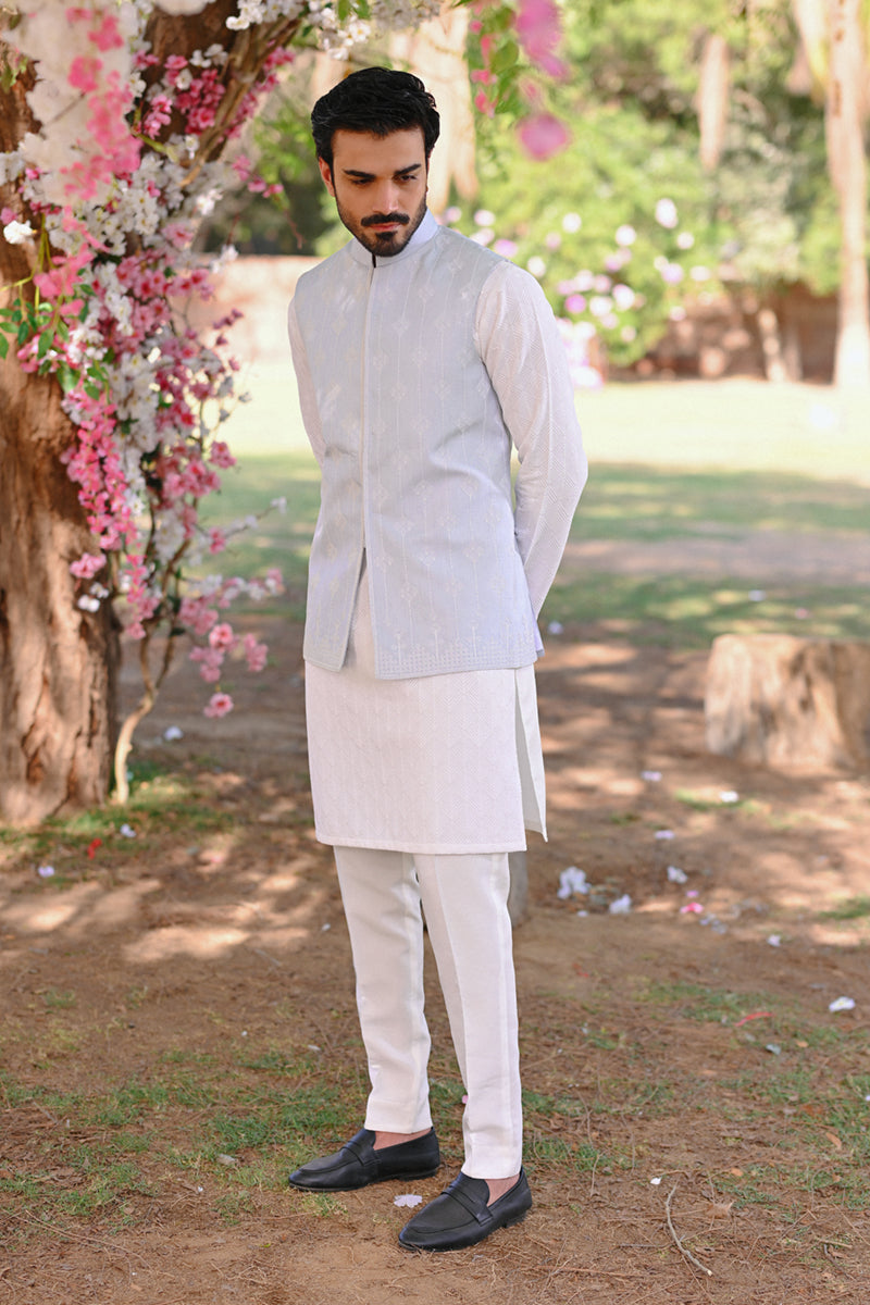 Dove White Raw Silk Kurta Set with Embroidered Waistcoat (3-Piece) - Image 3