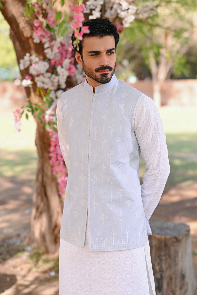Dove White Raw Silk Kurta Set with Embroidered Waistcoat (3-Piece) - Image 4