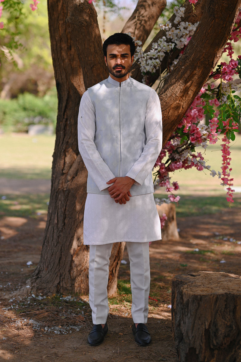 Dove White Raw Silk Kurta Set with Embroidered Waistcoat (3-Piece) - Image 5
