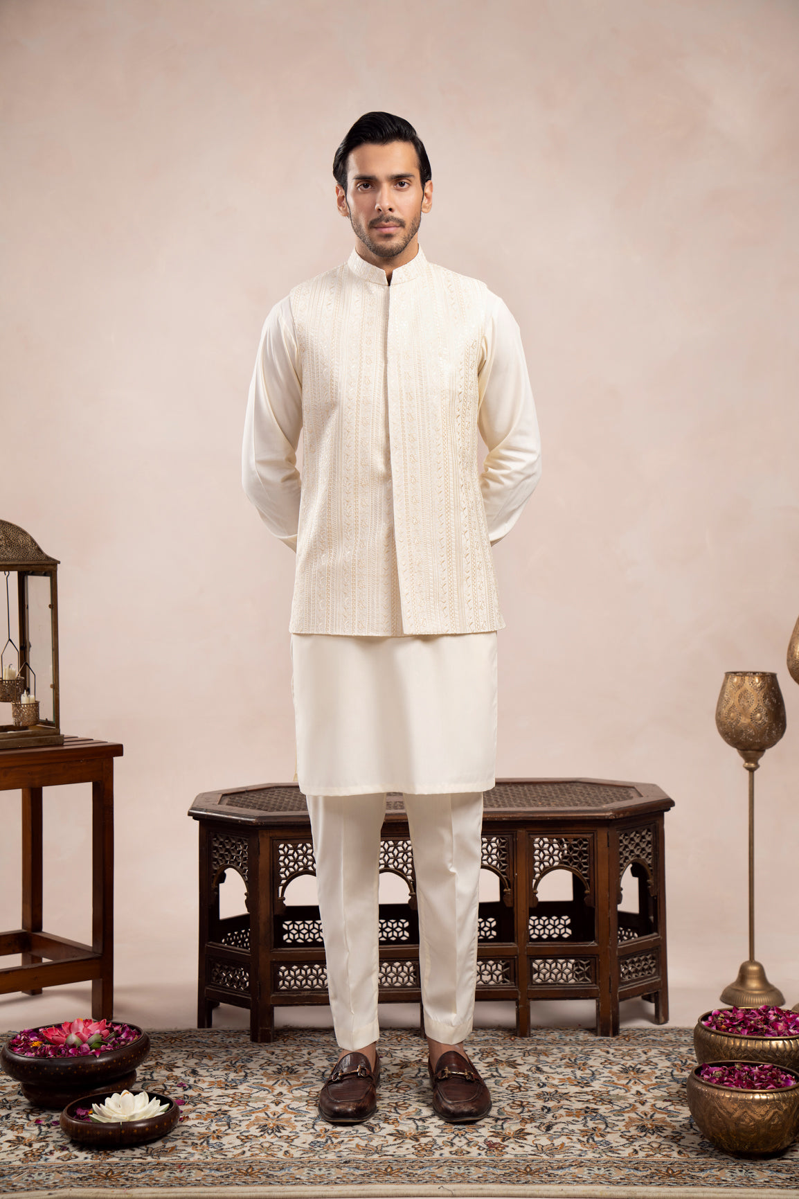 Bosky White Embroidered Raw Silk Waistcoat (3-Piece) - Image 1