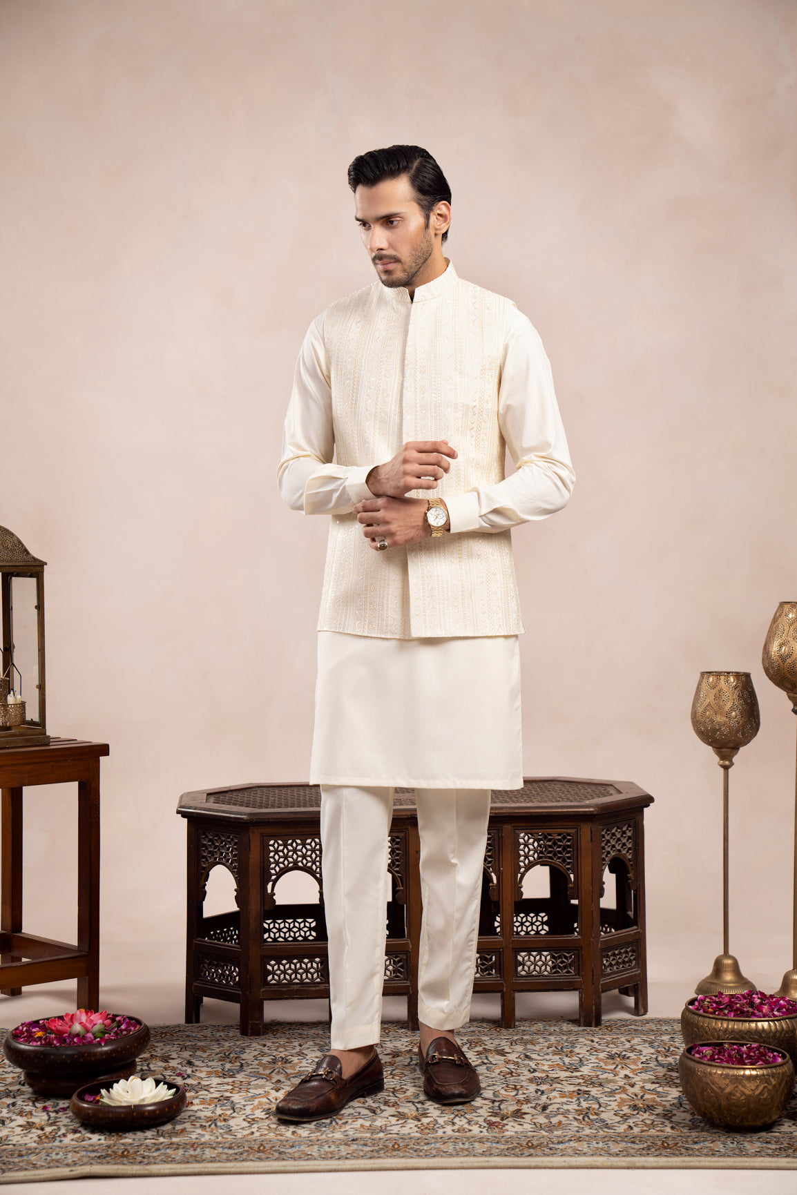 Bosky White Embroidered Raw Silk Waistcoat (3-Piece) - Image 2