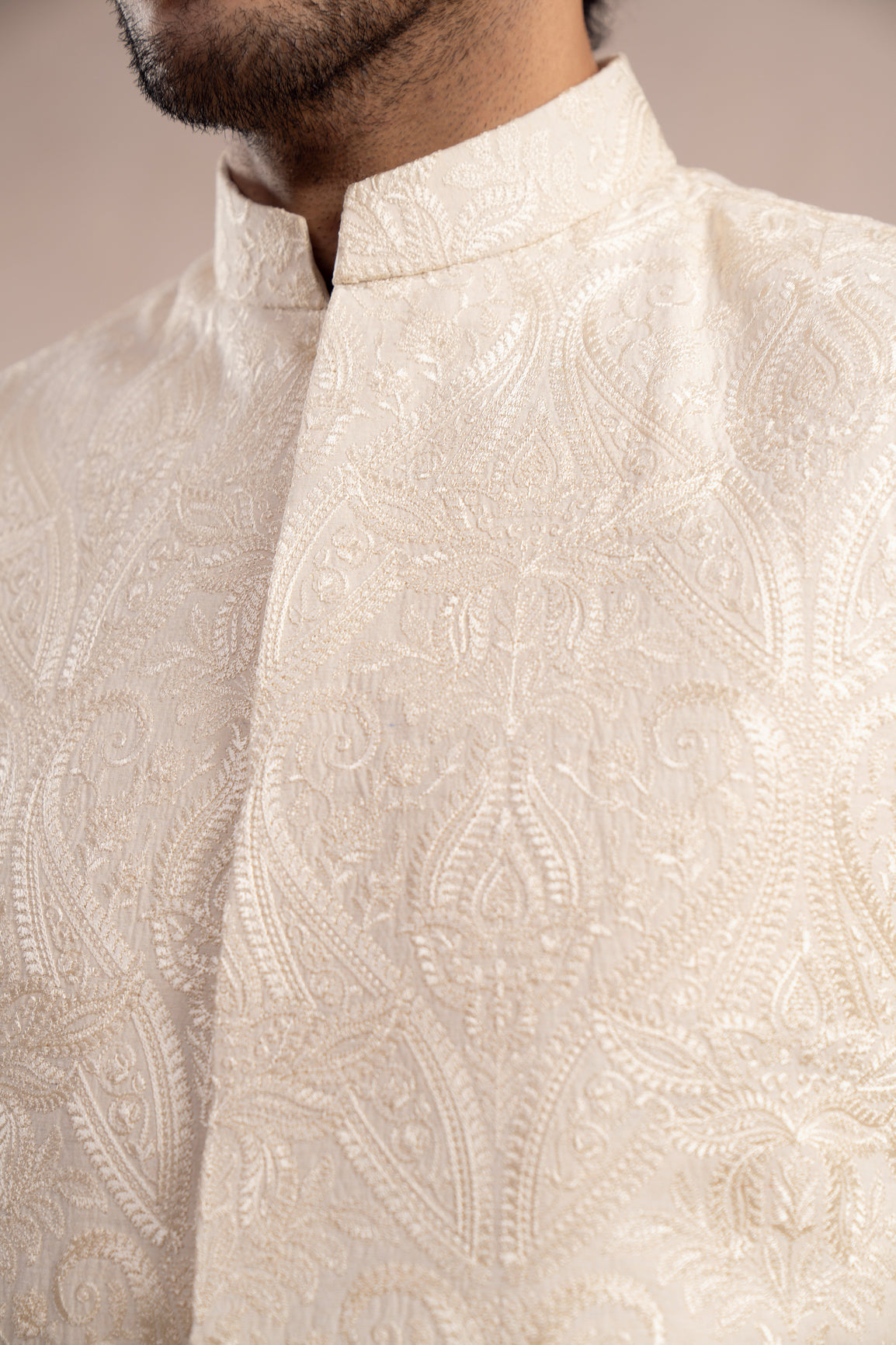 Bosky White Cross-Stitched Raw Silk Waistcoat (3-Piece) - Image 5