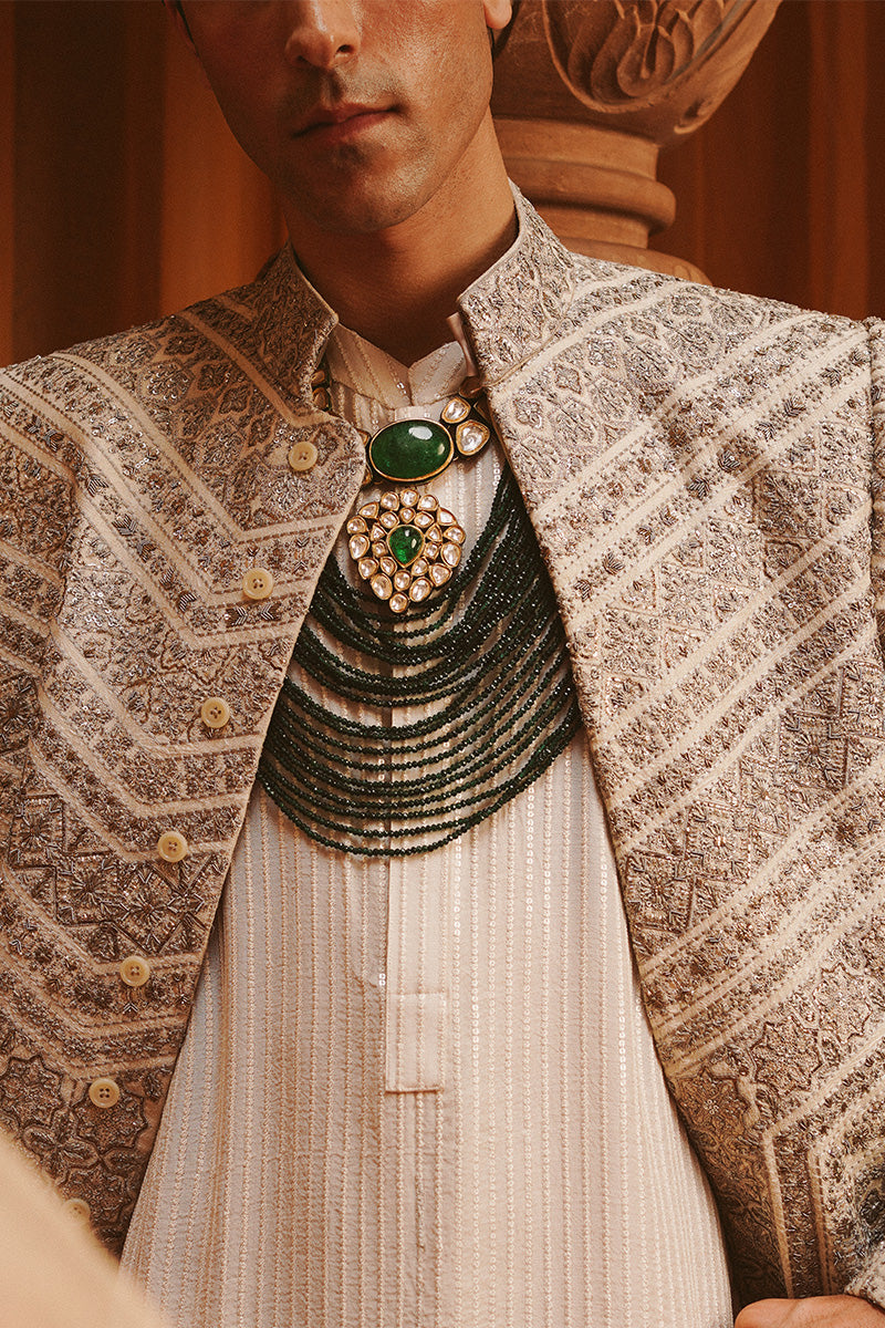 Pearl White Sequin Raw Silk Waistcoat Kurta (3-Piece) - Image 2