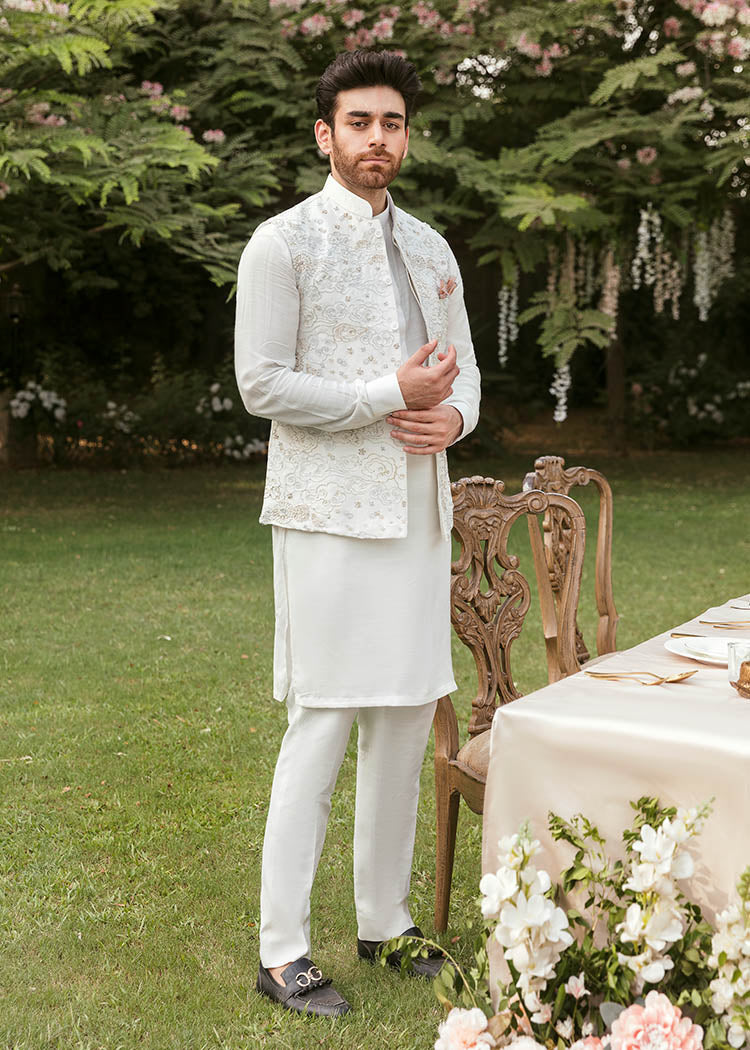 White Embroidered Korean Rawsilk Waistcoat Kurta (3-Piece) - Image 1