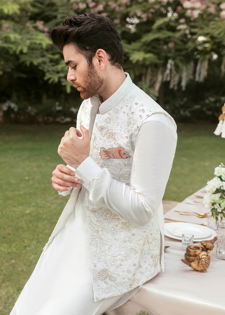 White Embroidered Korean Rawsilk Waistcoat Kurta (3-Piece) - Image 3