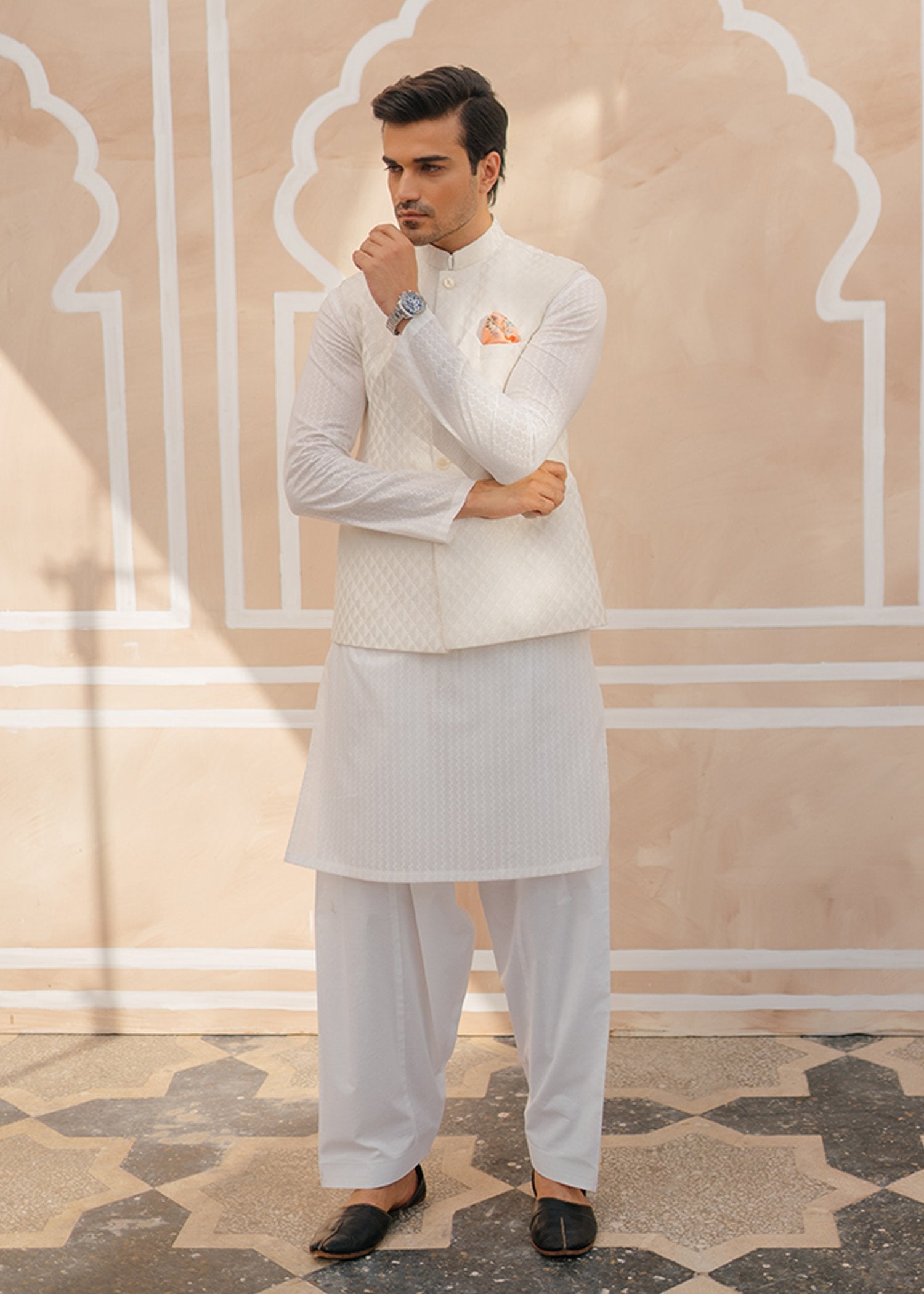 White Self-Embroidered Rawsilk Waistcoat Kurta (3-Piece) - Image 1