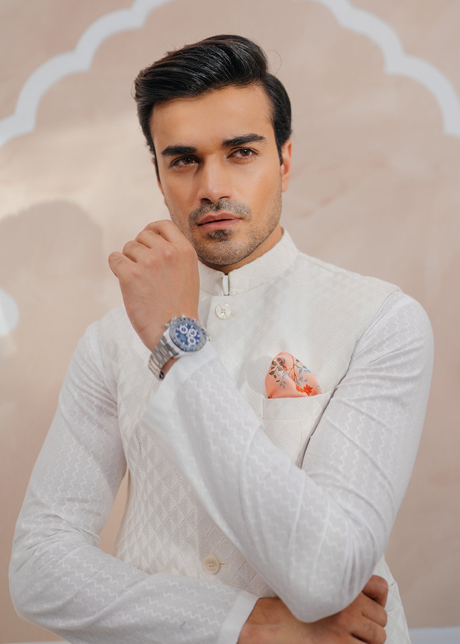 White Self-Embroidered Rawsilk Waistcoat Kurta (3-Piece) - Image 2