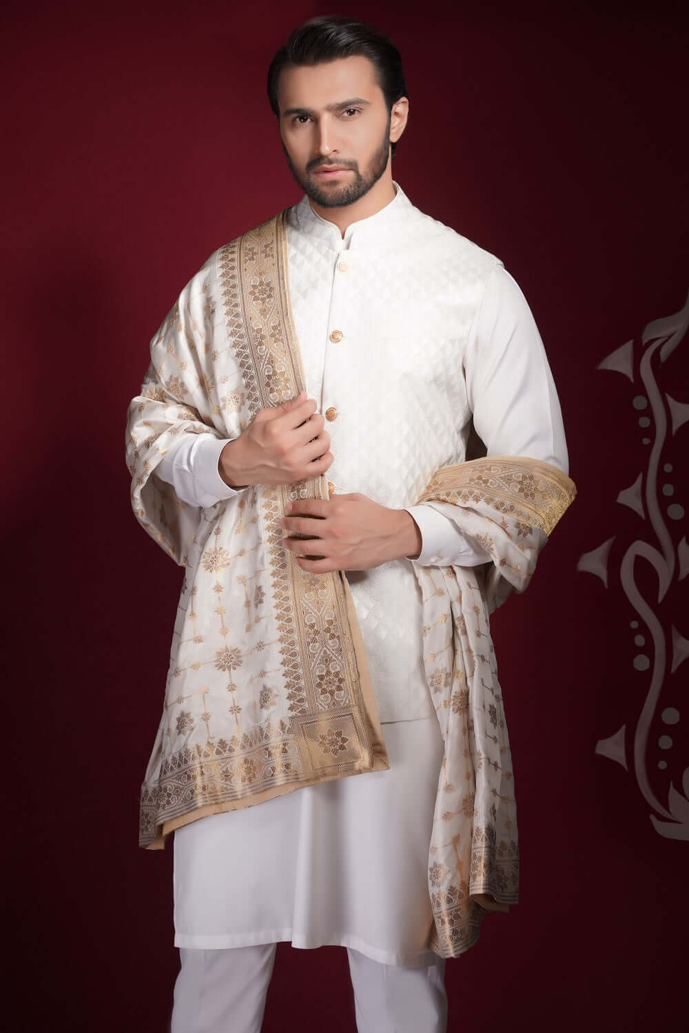 Pearl White Gold Brocade Silk-Blend Waistcoat Kurta (3-Piece) - Image 1