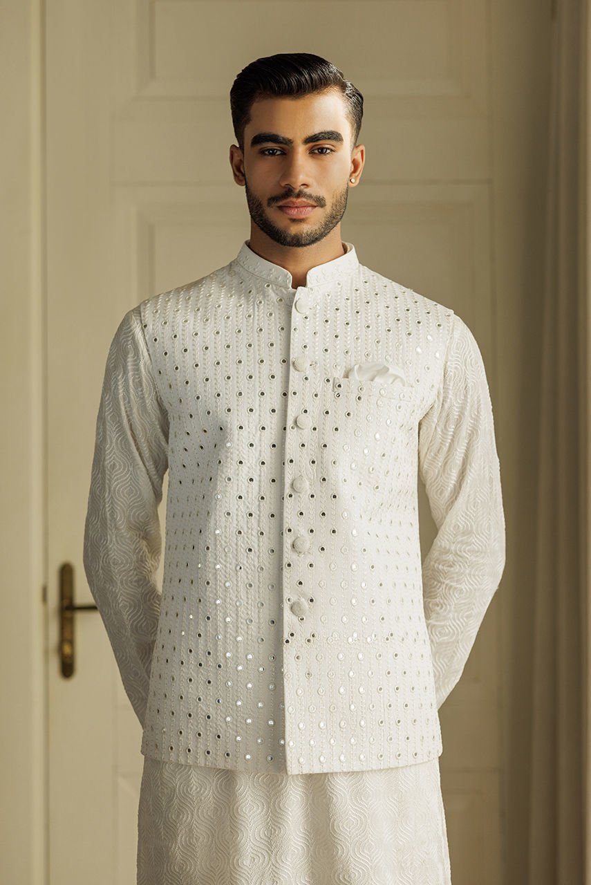 White Embroidered Silk-Blend Waistcoat (3-Piece) - Image 1