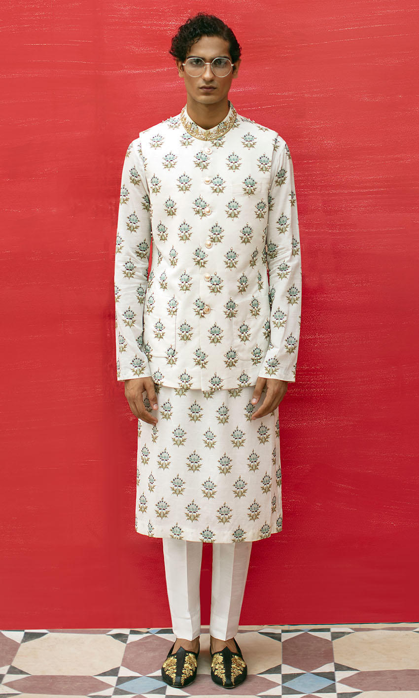 White Printed Silk-Blend Waistcoat Kurta (3-Piece) - Image 1