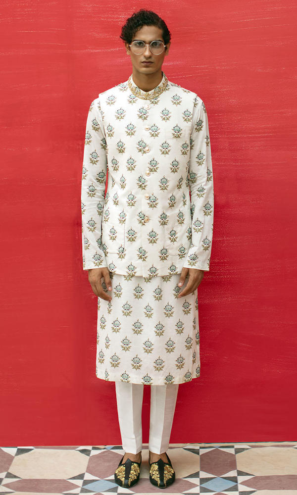 White Printed Silk-Blend Waistcoat Kurta (3-Piece) - Image 2