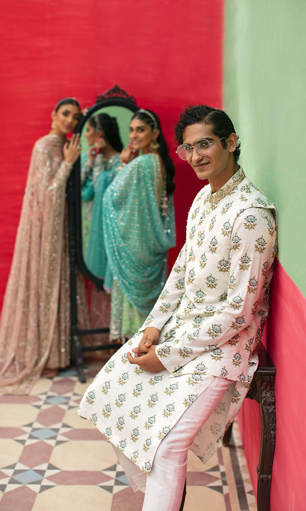 White Printed Silk-Blend Waistcoat Kurta (3-Piece) - Image 6