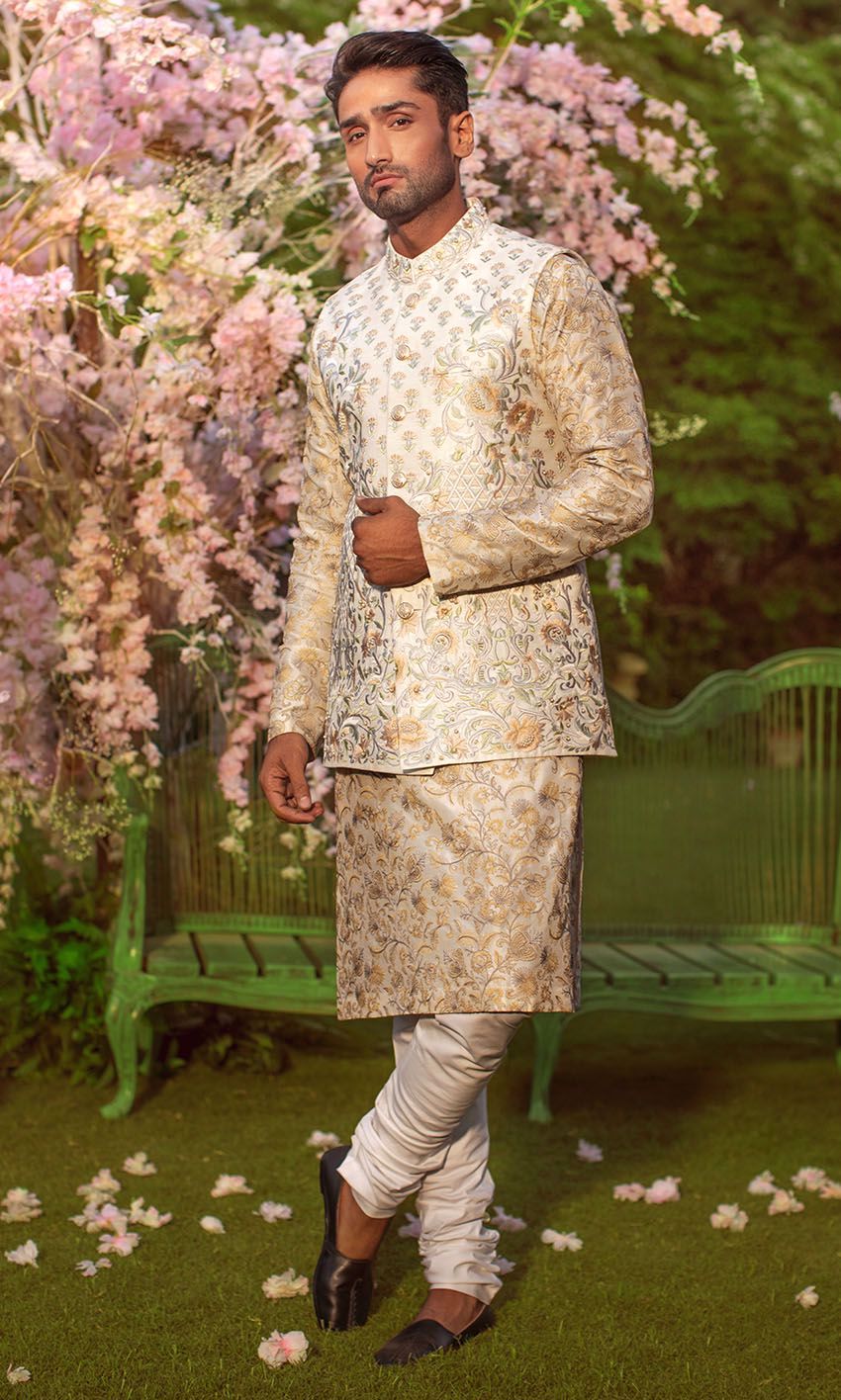 White Fawn Grey Embroidered Silk-Blend Waistcoat Kurta (3-Piece) - Image 1