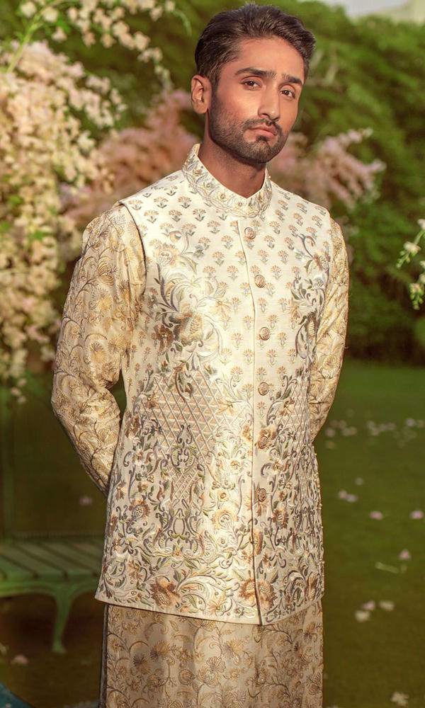 White Fawn Grey Embroidered Silk-Blend Waistcoat Kurta (3-Piece) - Image 3