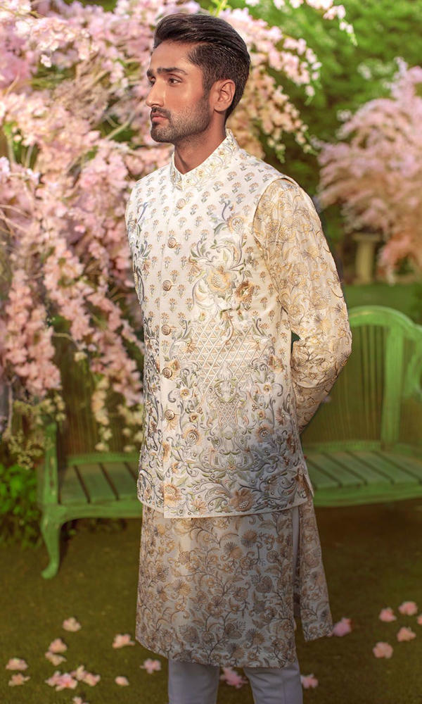 White Fawn Grey Embroidered Silk-Blend Waistcoat Kurta (3-Piece) - Image 5