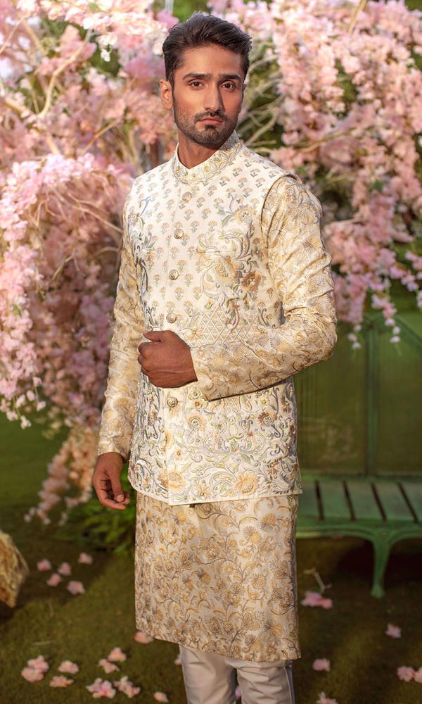 White Fawn Grey Embroidered Silk-Blend Waistcoat Kurta (3-Piece) - Image 6