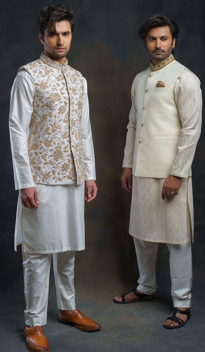 Pearl White Embroidered Silk-Blend Waistcoat Kurta (3-Piece) - Image 1
