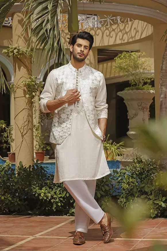 Pearl White Geometric Silk-Blend Waistcoat Kurta (3-Piece) - Image 1