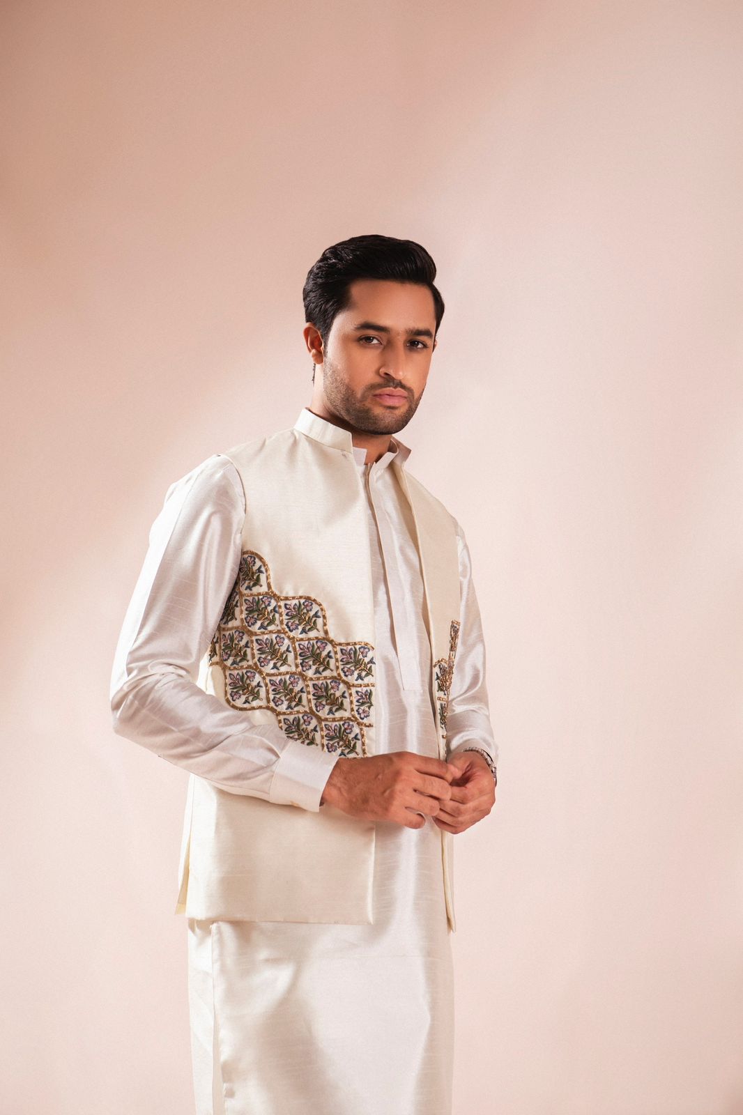 Pearl White Embroidered Silk Waistcoat Kurta (3-Piece) - Image 6