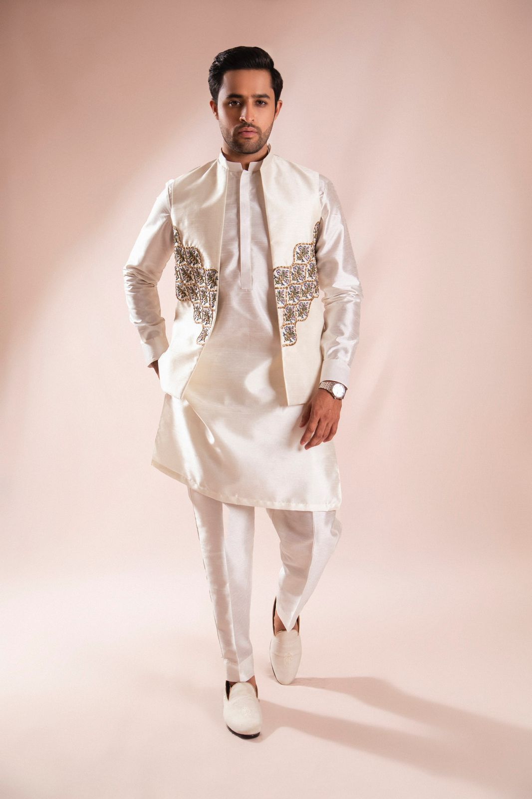Pearl White Embroidered Silk Waistcoat Kurta (3-Piece) - Image 3