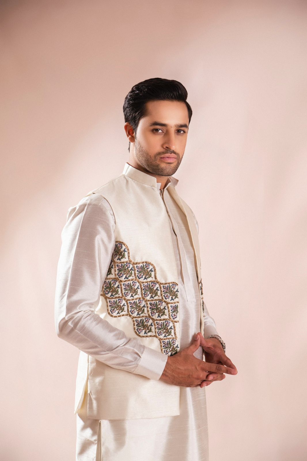 Pearl White Embroidered Silk Waistcoat Kurta (3-Piece) - Image 4