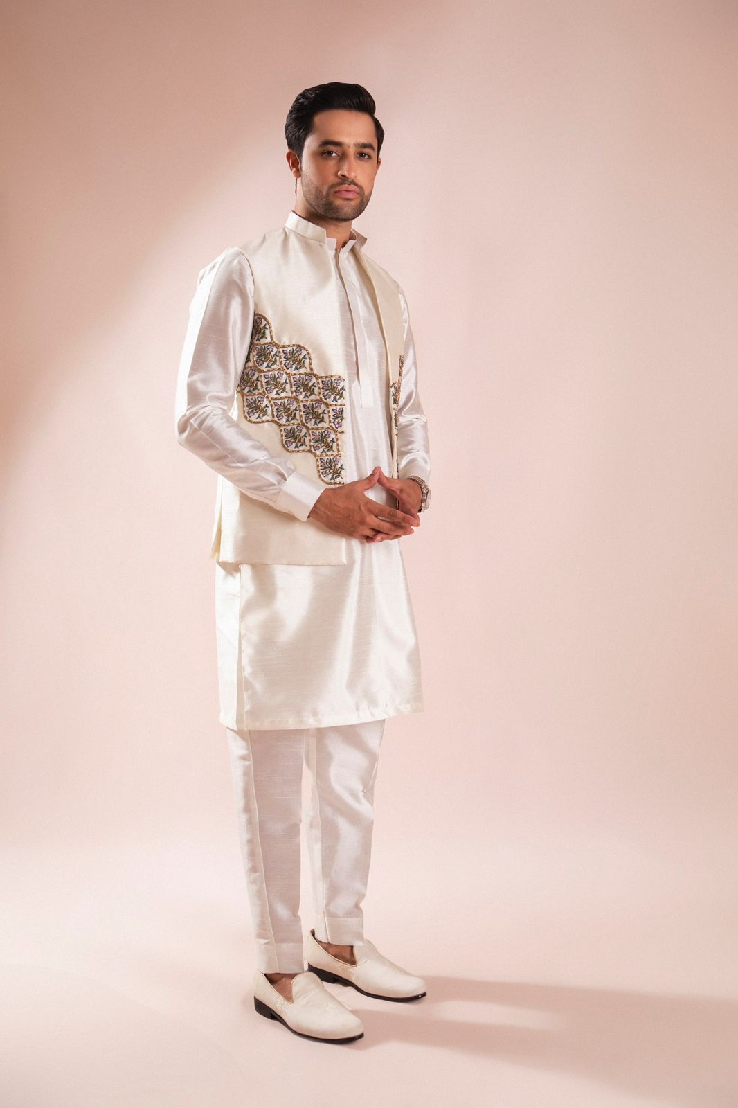 Pearl White Embroidered Silk Waistcoat Kurta (3-Piece) - Image 7