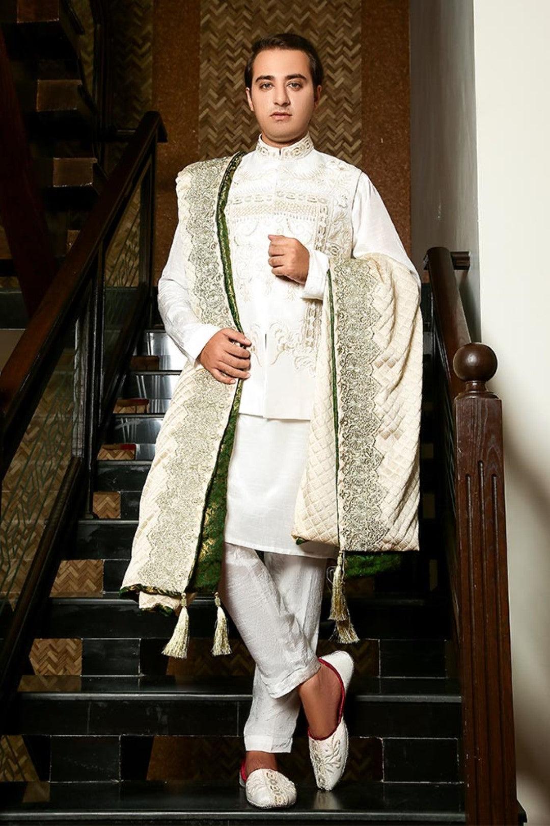 White Embroidered Silk Waistcoat Kurta Set (3-Piece) - Image 1