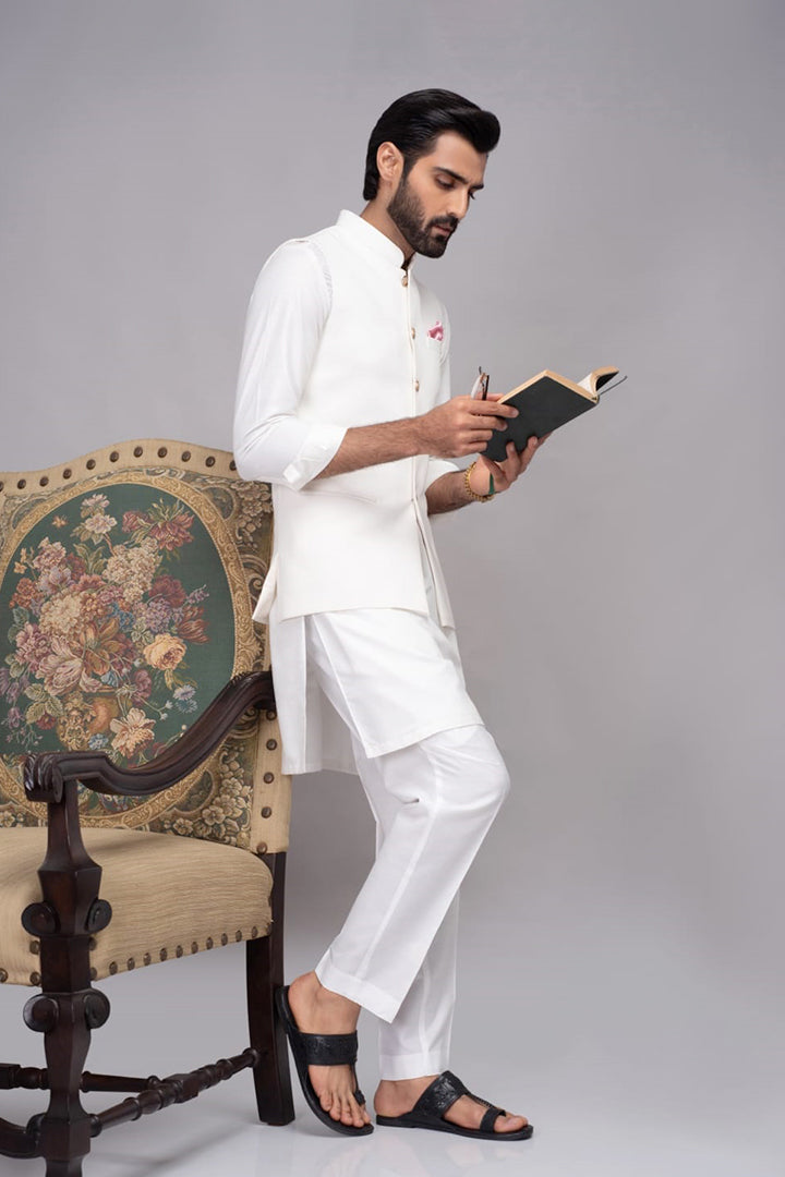 White Silk Waistcoat Kurta Pajama (3-Piece) - Image 3
