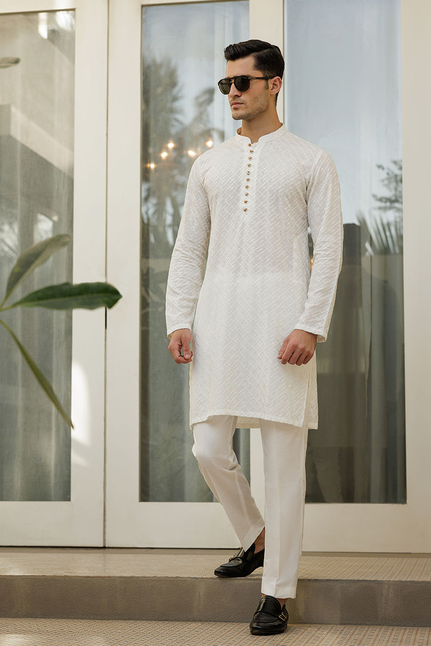 White Embroidered Suiting Waistcoat Kurta (3-Piece) - Image 3