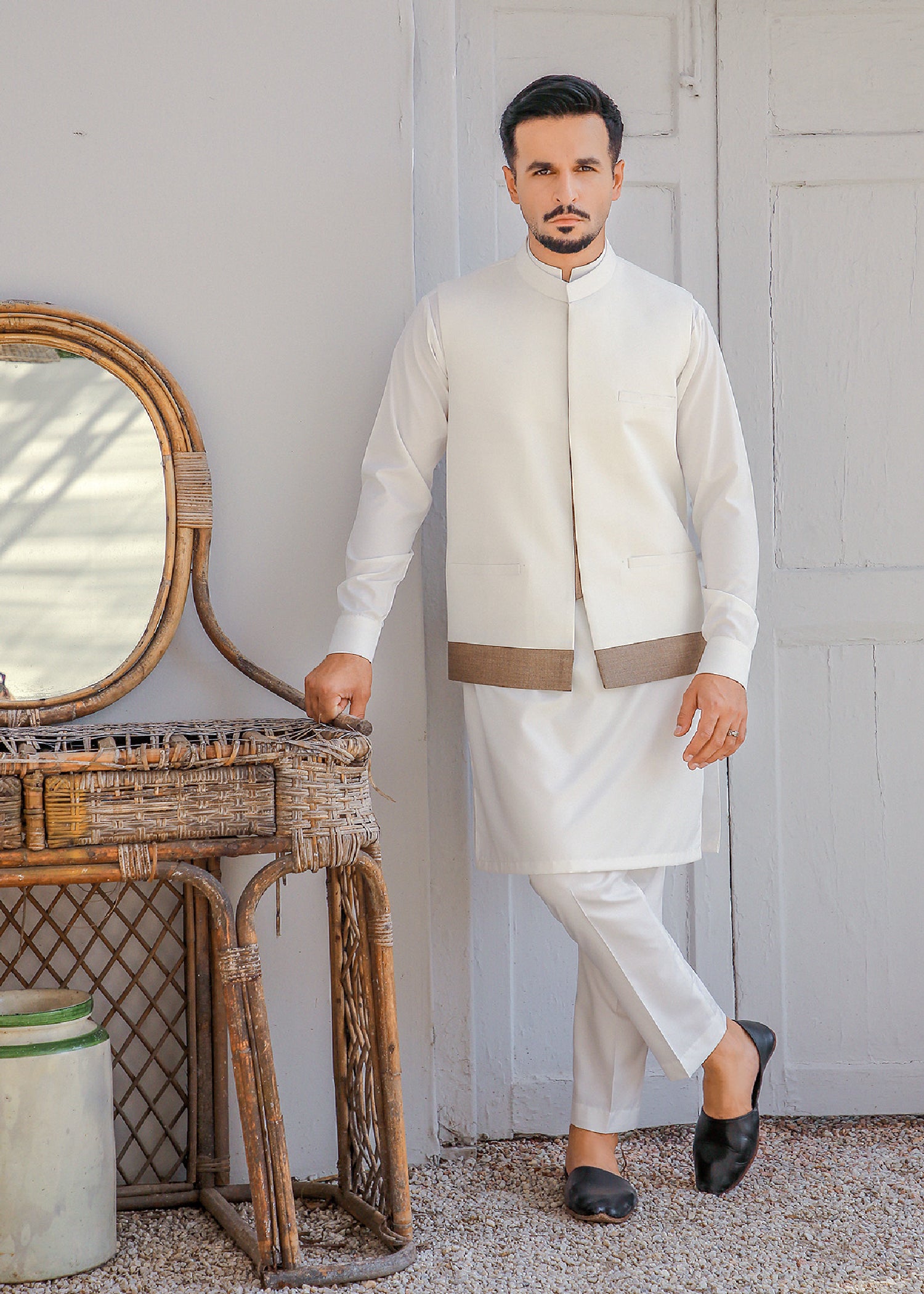 White Tropical Fabric Waistcoat Kurta Set (3-Piece) - Image 1