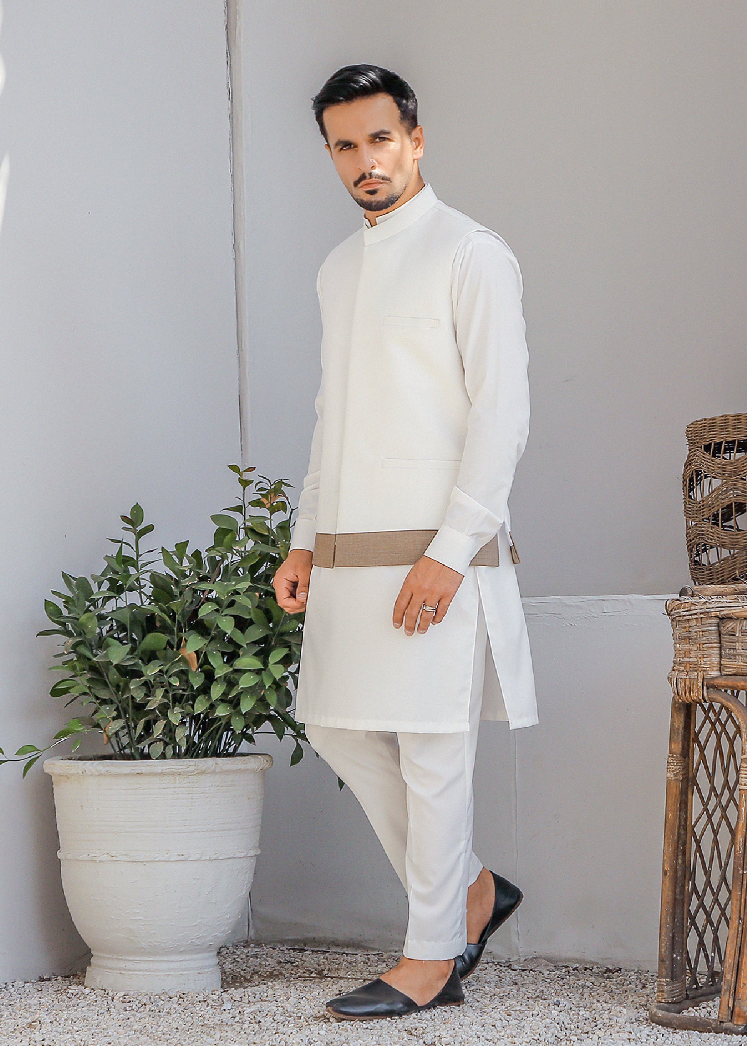 White Tropical Fabric Waistcoat Kurta Set (3-Piece) - Image 2
