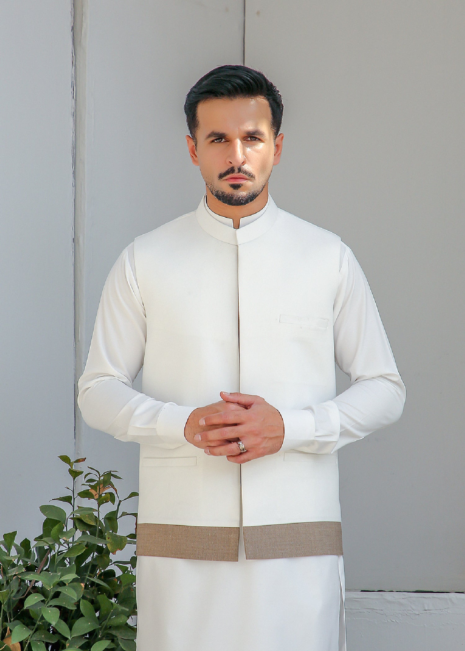 White Tropical Fabric Waistcoat Kurta Set (3-Piece) - Image 3