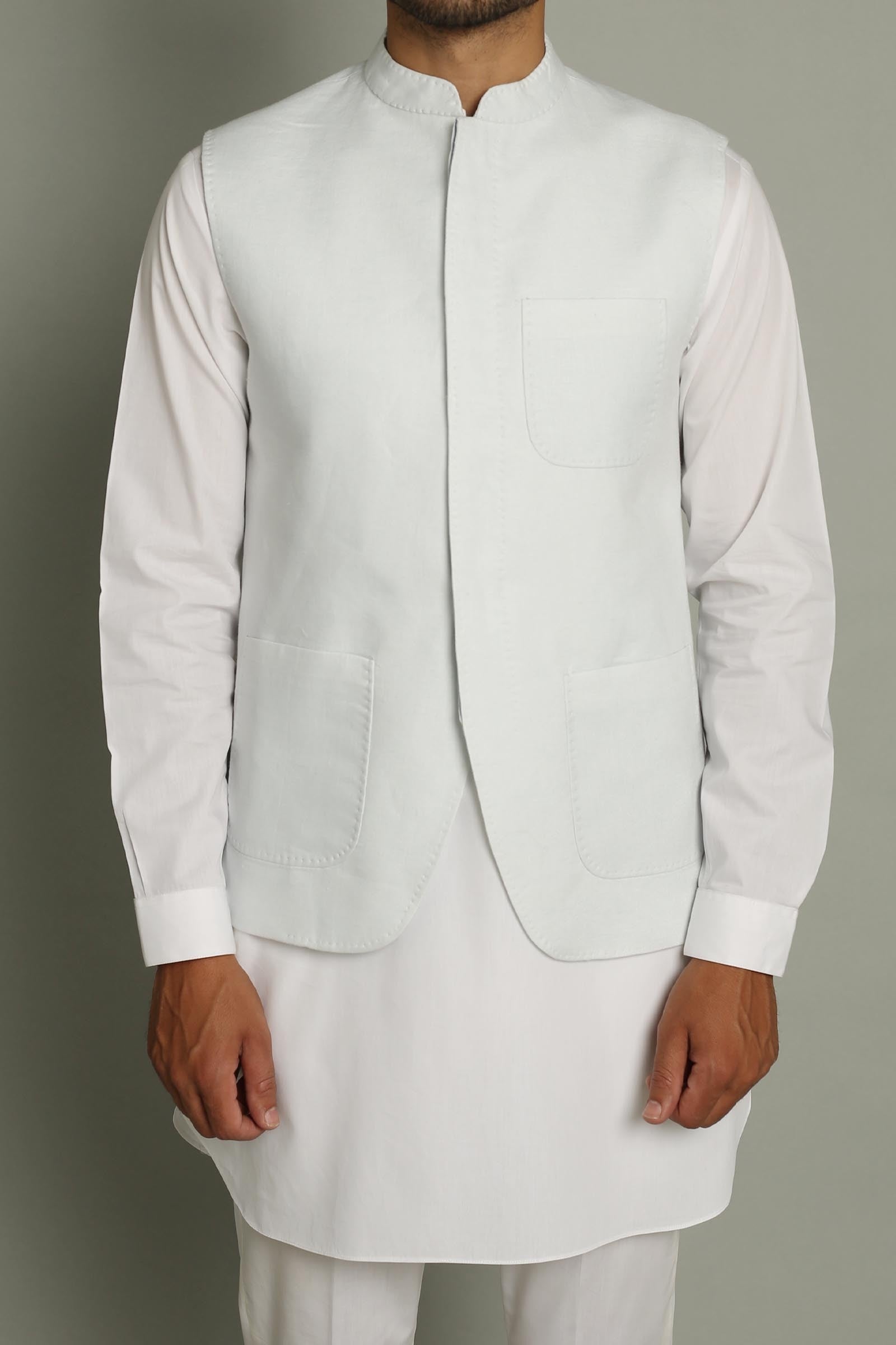 White Champa-Detail Tropical Fabric Waistcoat Kurta (3-Piece) - Image 1