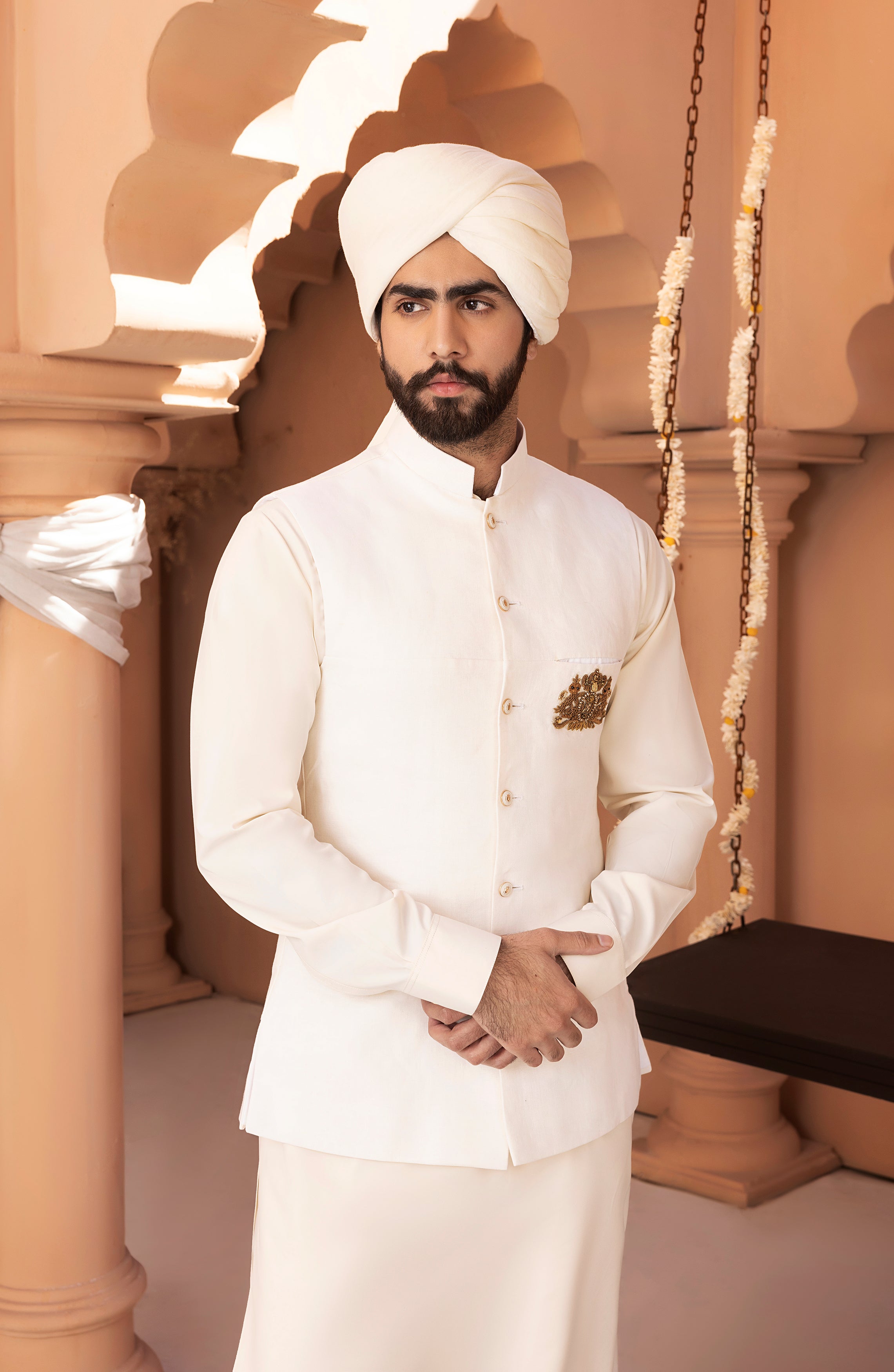 White Crest Embroidered Twill Waistcoat Kurta (3-Piece) - Image 5