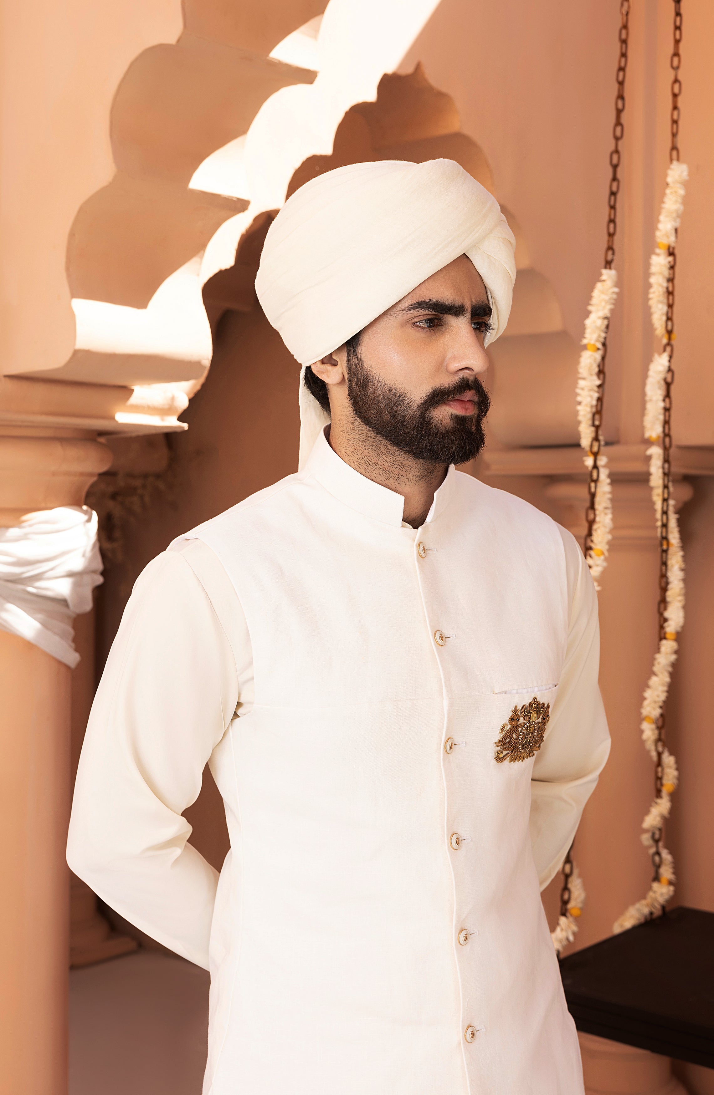 White Crest Embroidered Twill Waistcoat Kurta (3-Piece) - Image 6