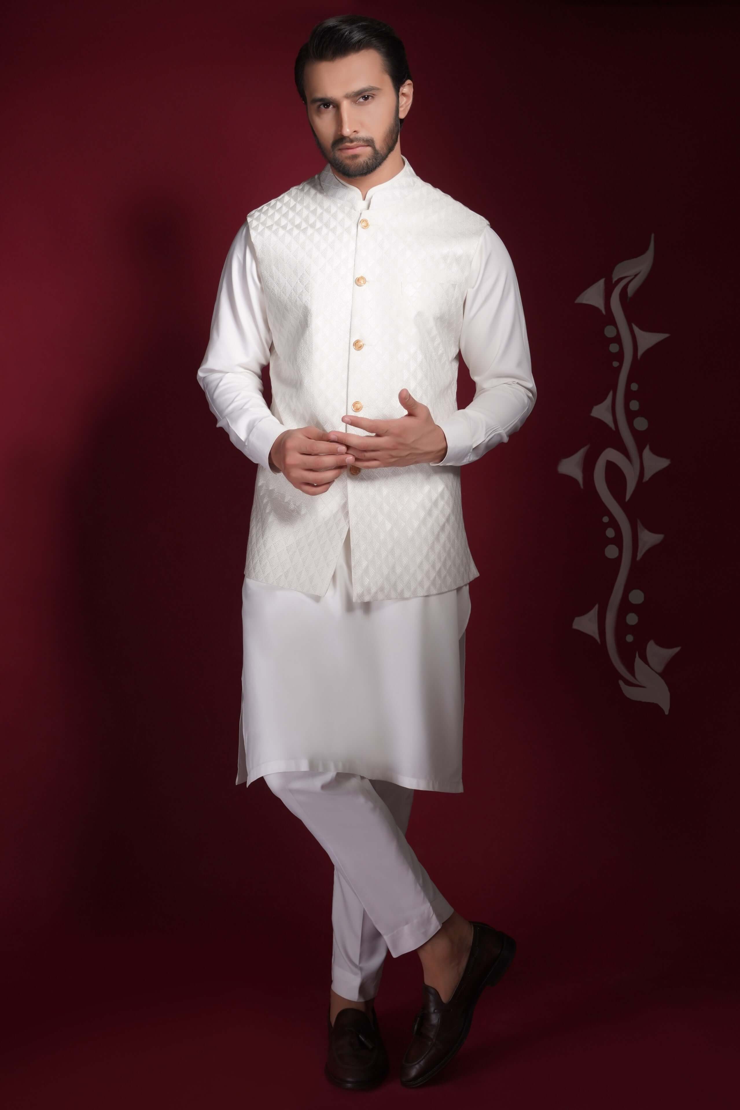 White Quilted Viscose Waistcoat Kurta Set (3-Piece) - Image 2