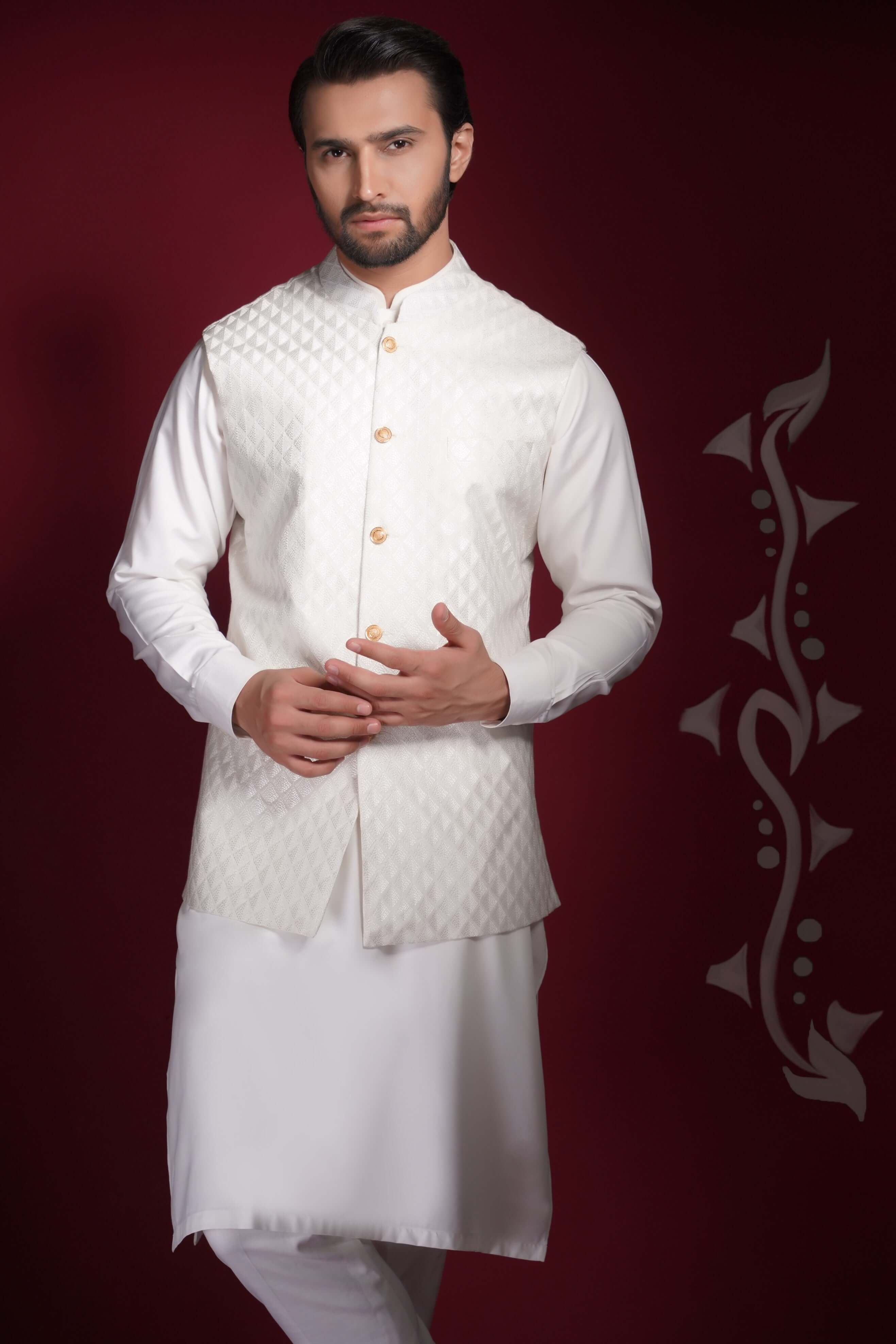 White Quilted Viscose Waistcoat Kurta Set (3-Piece) - Image 3