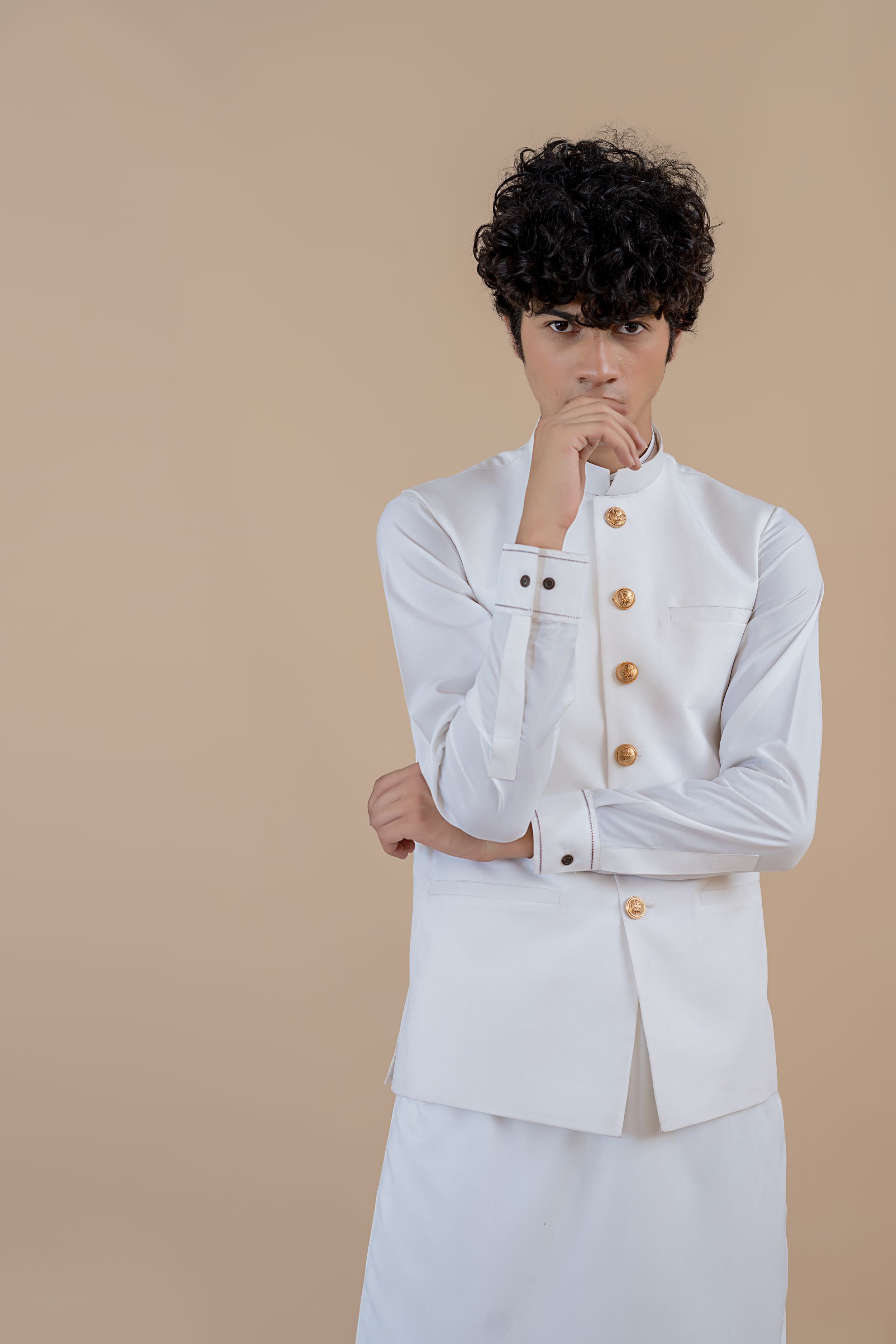 White Wash & Wear Waistcoat Kurta (3-Piece) - Image 2