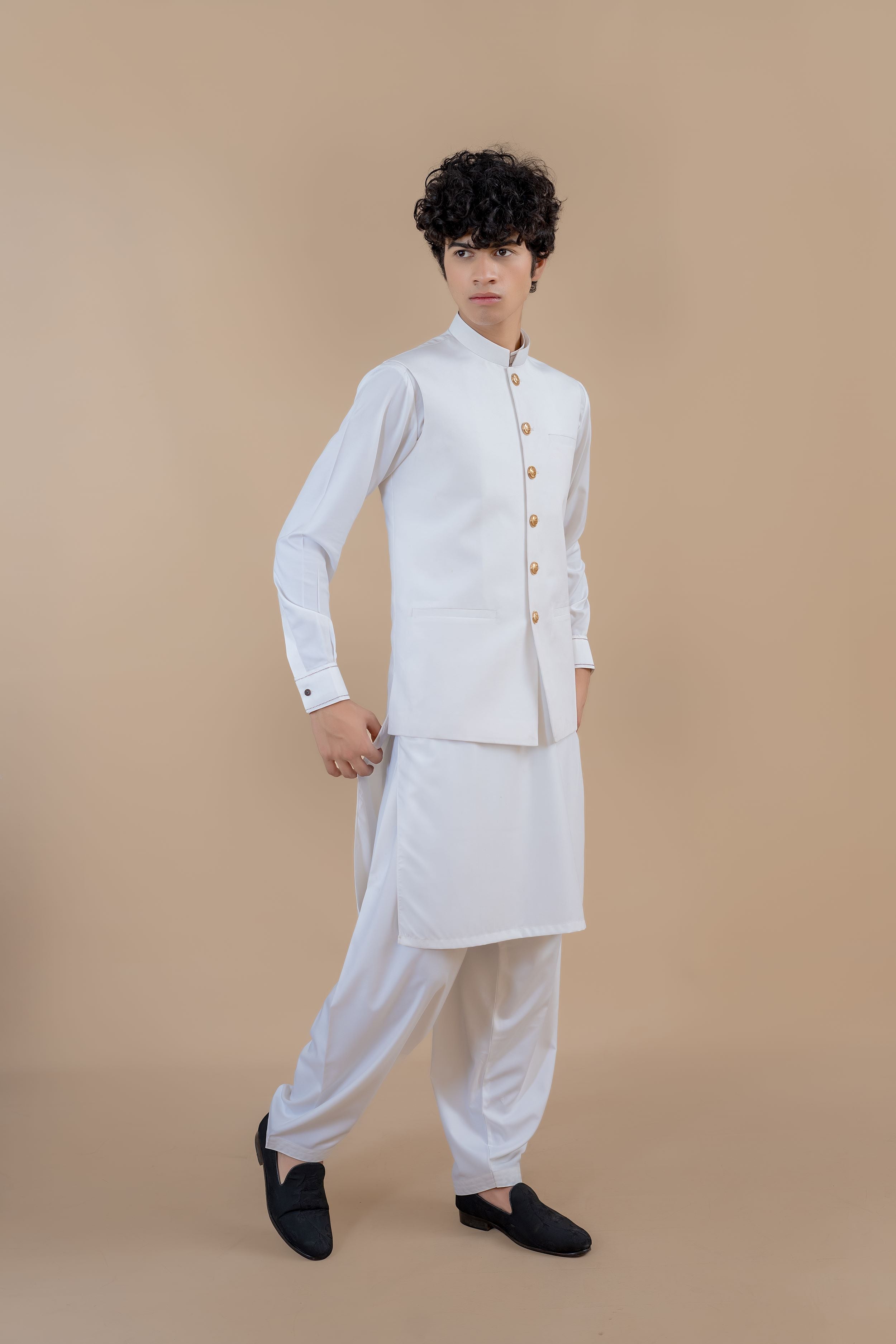 White Wash & Wear Waistcoat Kurta (3-Piece) - Image 5