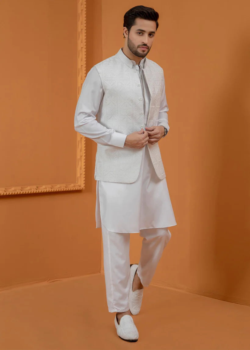 White Embroidered Wash-&-Wear Waistcoat Kurta (3-Piece) - Image 2
