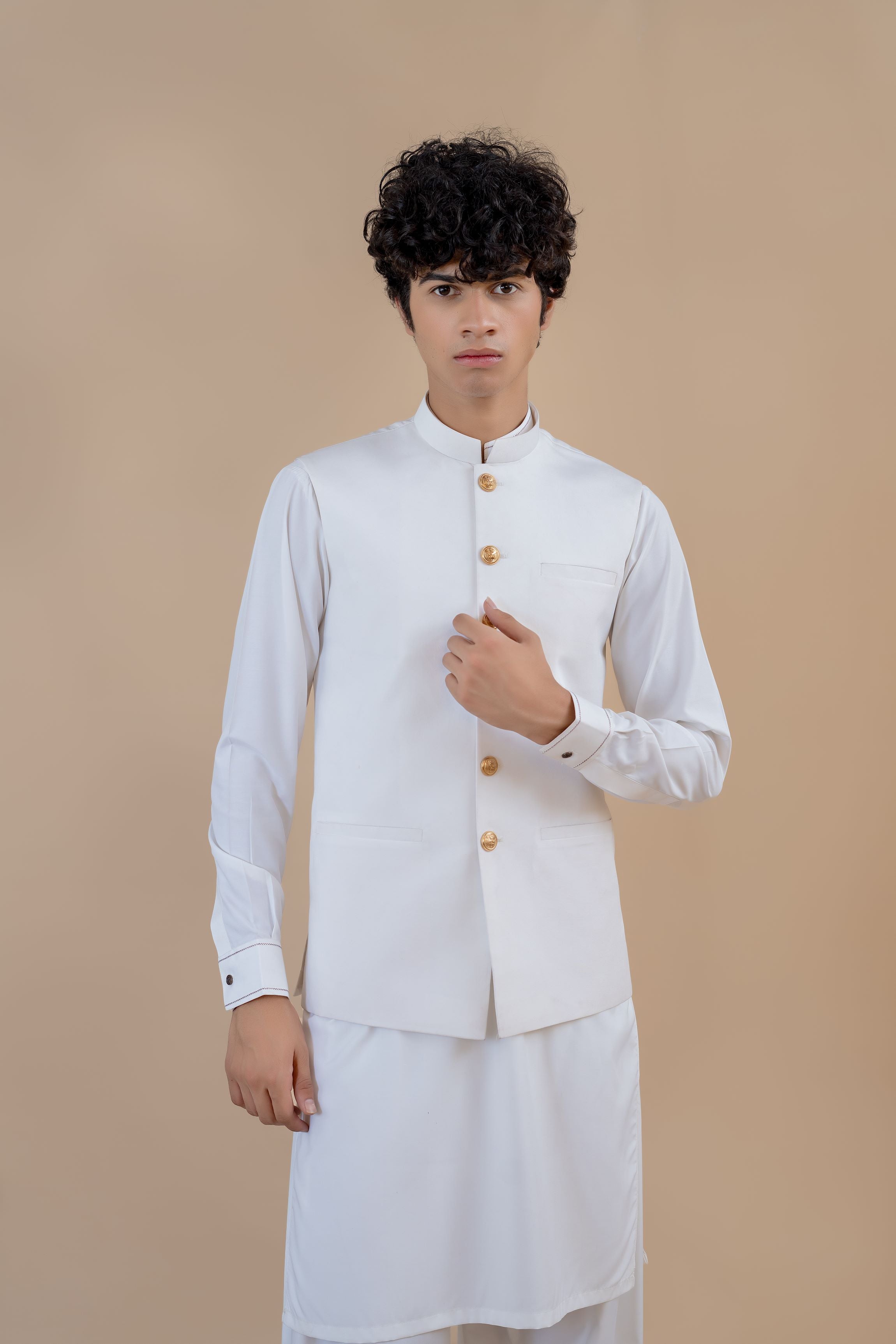 White Wash & Wear Waistcoat Kurta 3-Piece - Image 6
