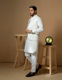 White Embroidered Wash & Wear Waistcoat Kurta (3-Piece) - Image 3