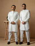 White Embroidered Wash & Wear Waistcoat Kurta (3-Piece) - Image 4